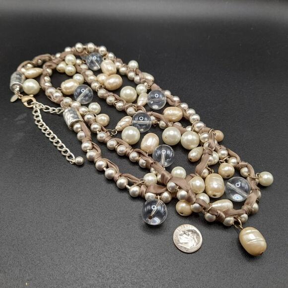 Chico's Glass Pearl Long Necklace,  Clear Globe Beads, 41 Inches, Beige Ribbon - Picture 8 of 11